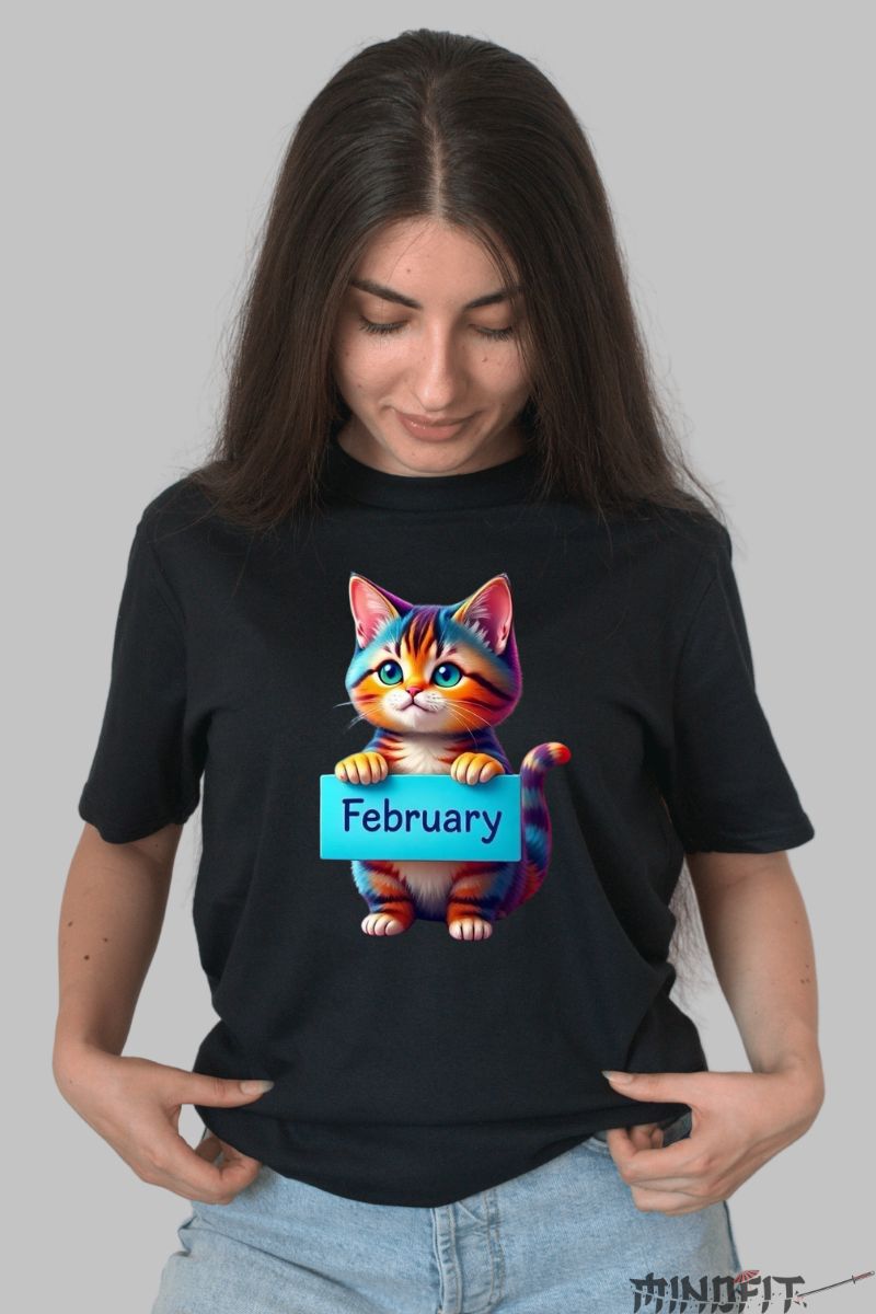 Tricou cu Pisica Multicolora "February" dama negru fata