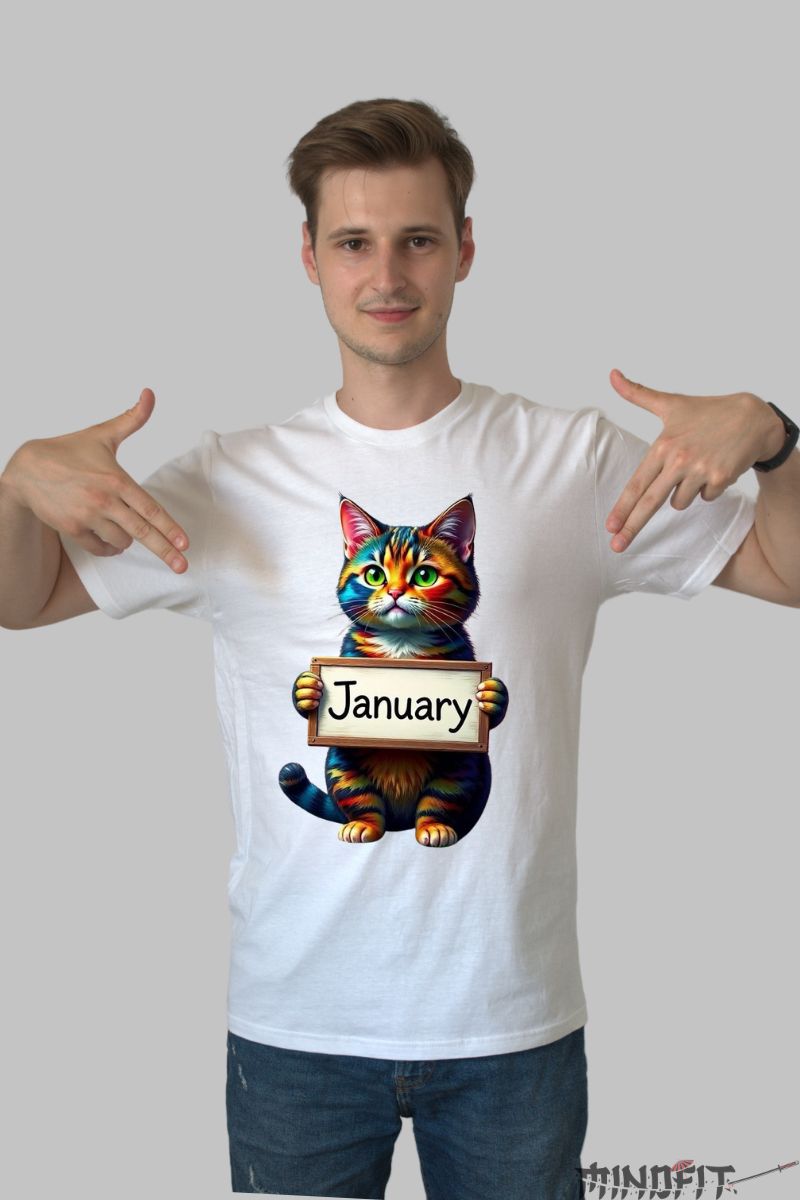 Tricou cu Pisica Multicolora "January" barbat alb fata