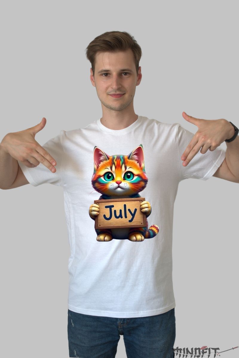 Tricou cu Pisica Multicolora "July" barbat alb fata