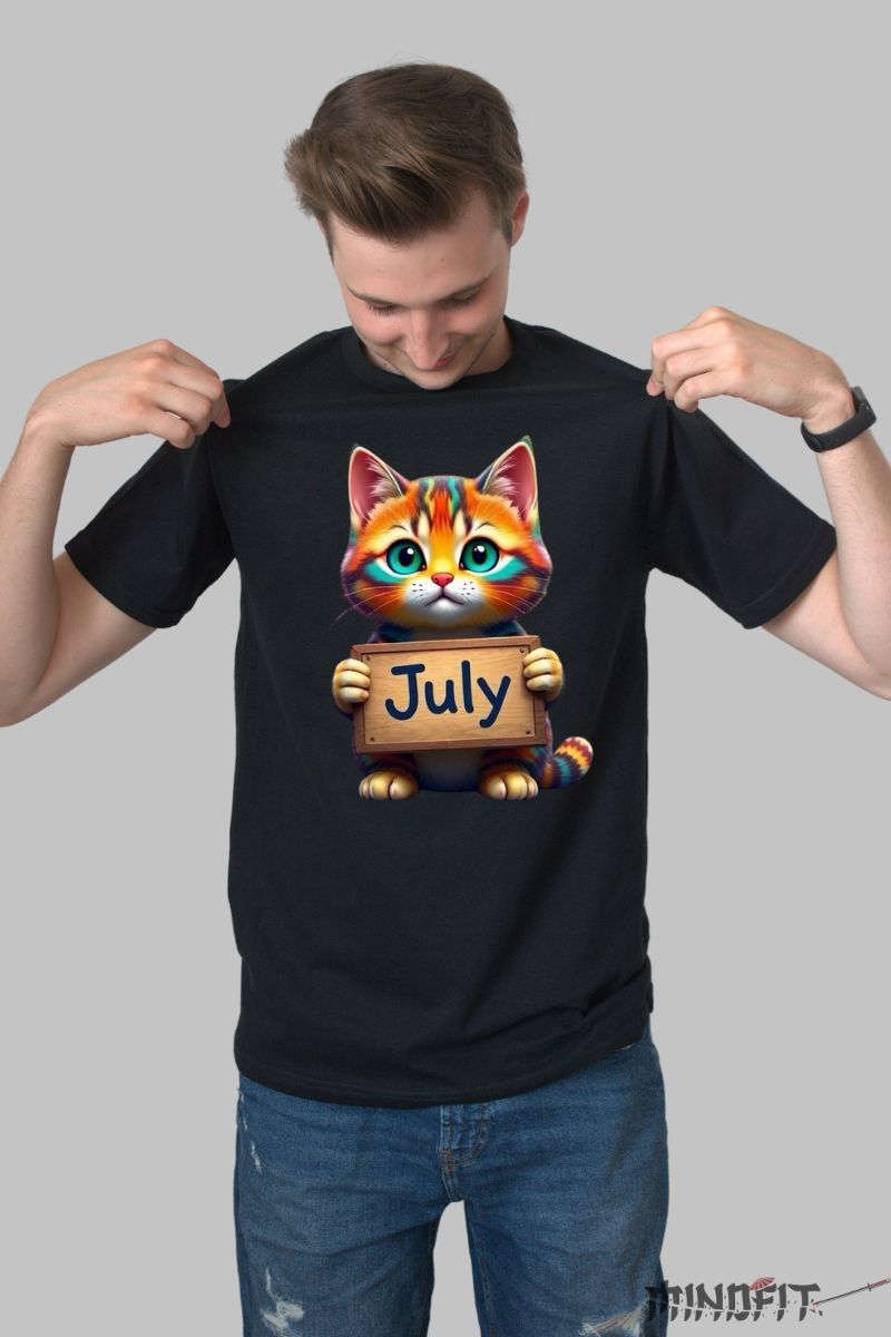 Tricou cu Pisica Multicolora "July" barbat negru fata