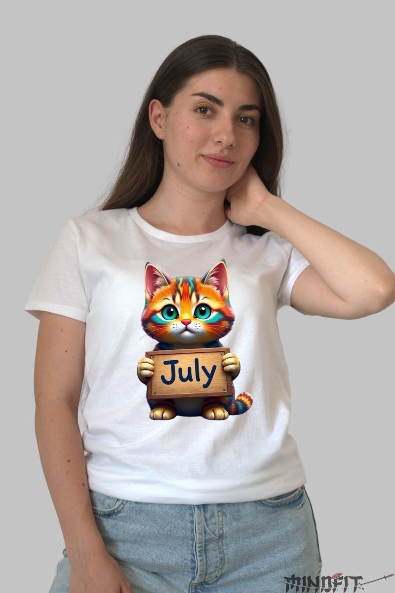 Tricou cu Pisica Multicolora "July" dama alb fata