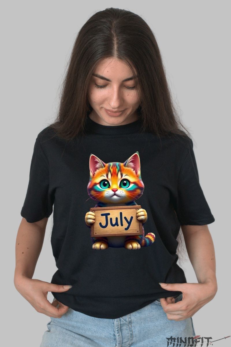 Tricou cu Pisica Multicolora "July" dama negru fata