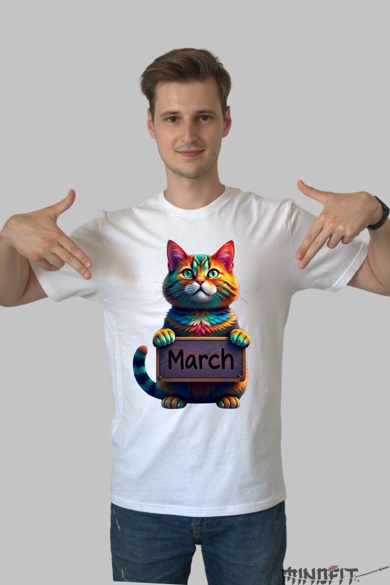 Tricou cu Pisica Multicolora "March" barbat alb fata