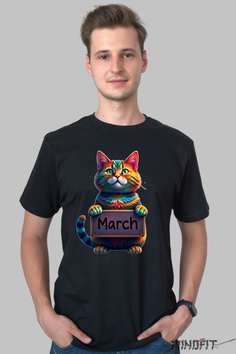 Tricou cu Pisica Multicolora "March" barbat negru fata