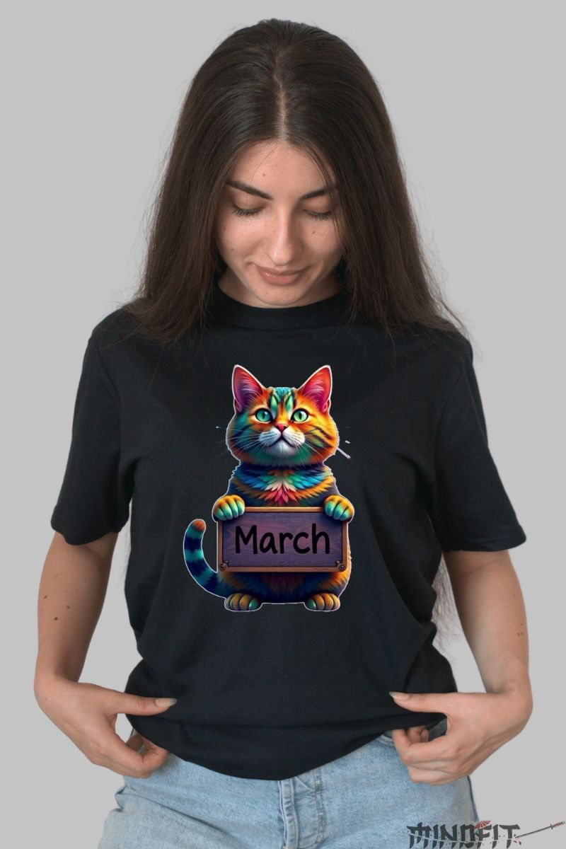 Tricou cu Pisica Multicolora "March" dama negru fata
