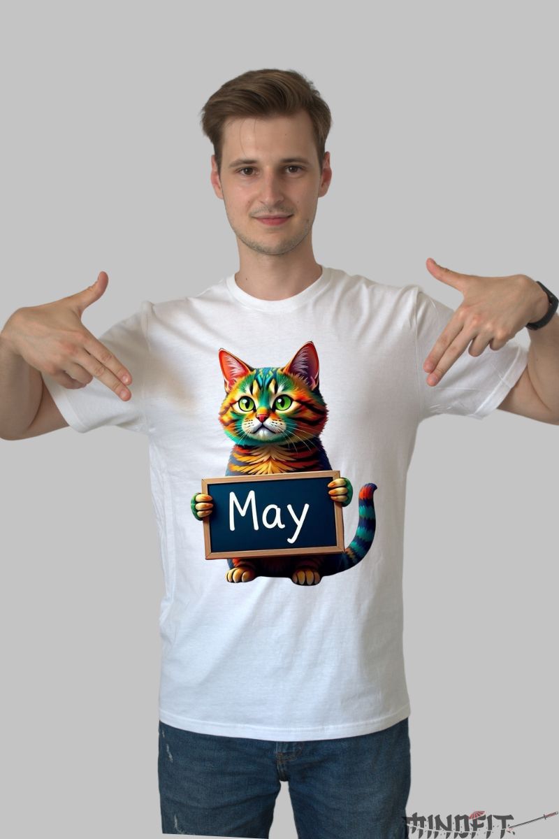 Tricou cu Pisica Multicolora "May" barbat alb fata