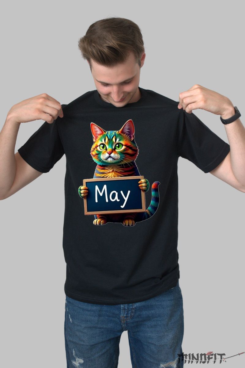 Tricou cu Pisica Multicolora "May" barbat negru fata