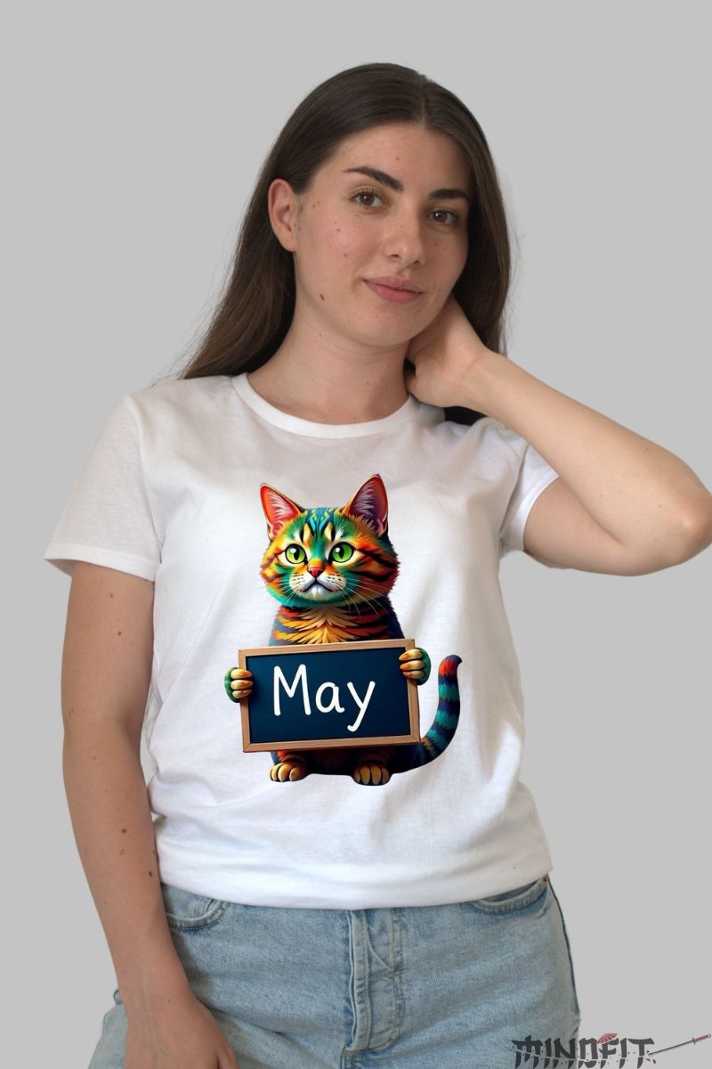 Tricou cu Pisica Multicolora "May" dama alb fata
