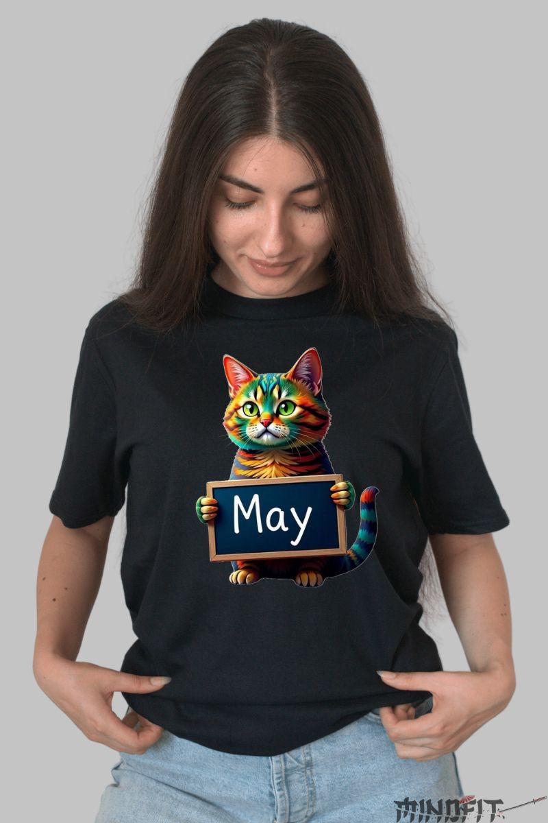 Tricou cu Pisica Multicolora "May" dama negru fata