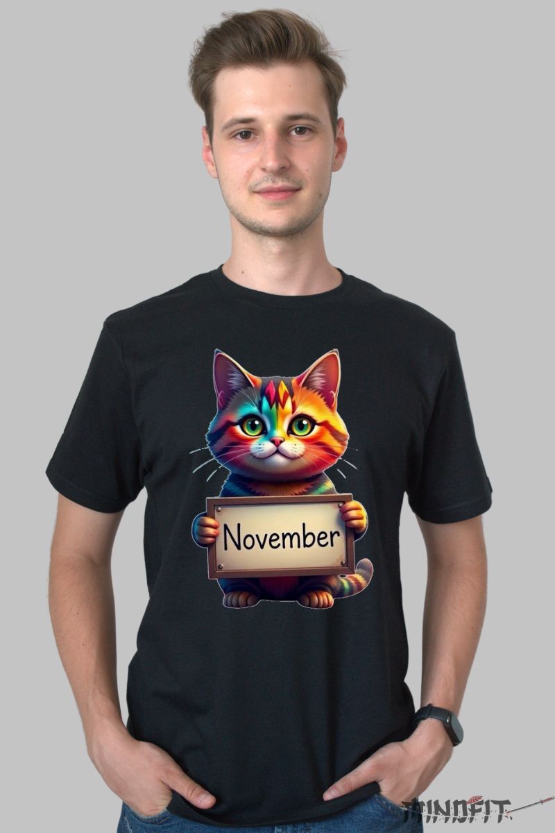 Tricou cu Pisica Multicolora "November" barbat negru fata
