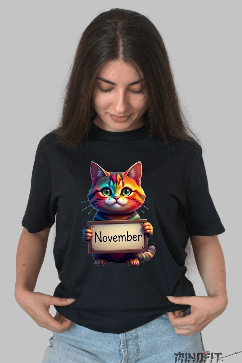 Tricou cu Pisica Multicolora "November" dama negru fata
