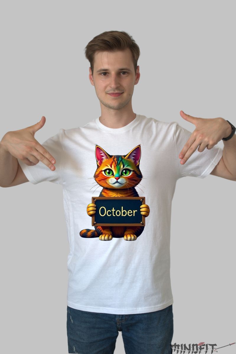 Tricou cu Pisica Multicolora "October" barbat alb fata
