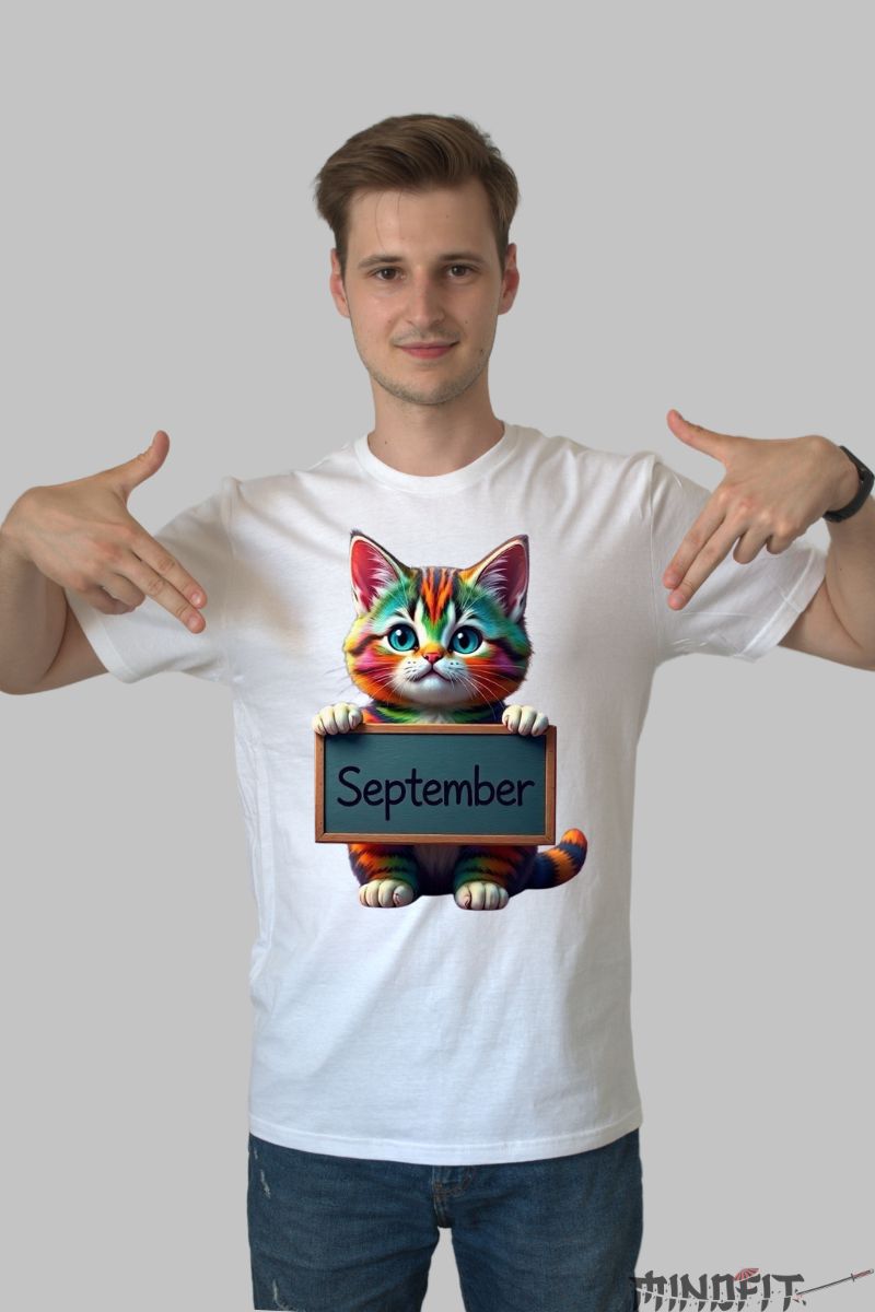 Tricou cu Pisica Multicolora "September" barbat alb fata