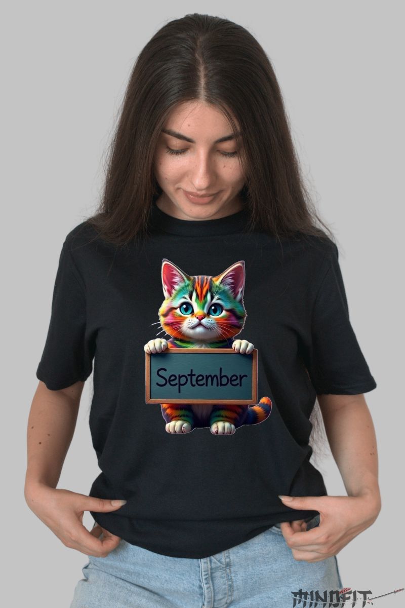Tricou cu Pisica Multicolora "September" dama negru fata
