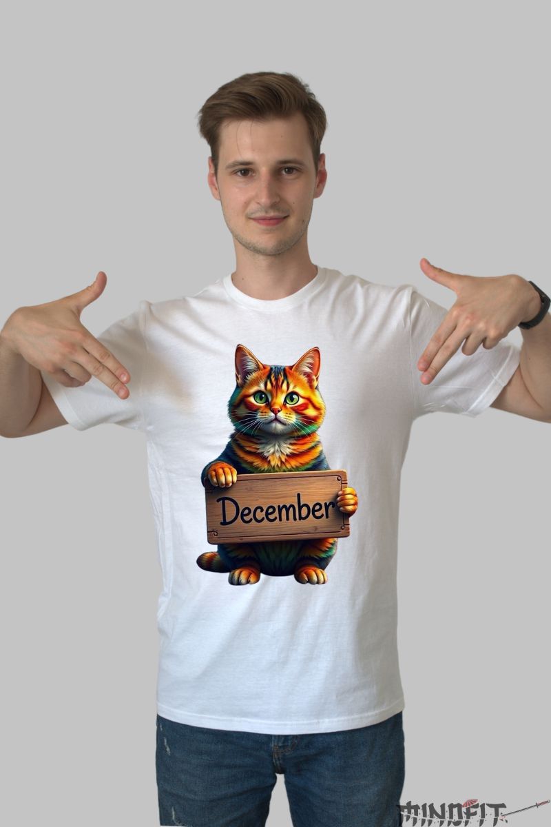 Tricou cu Pisica Multicolora "December" barbat alb fata