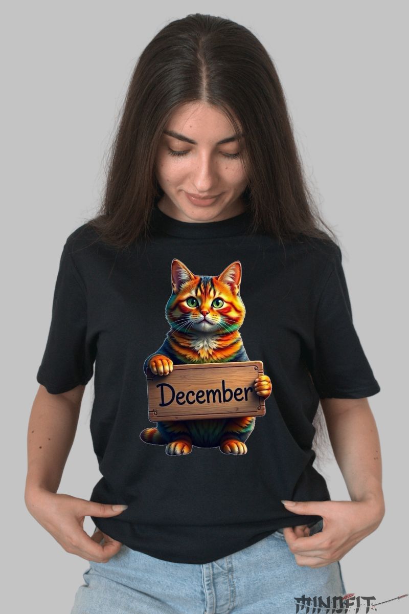 Tricou cu Pisica Multicolora "December" dama negru fata