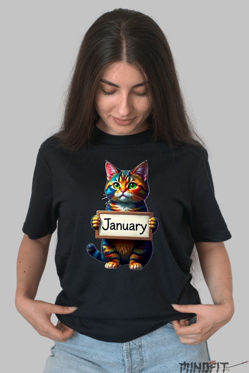 Tricou cu Pisica Multicolora "January" dama negru fata