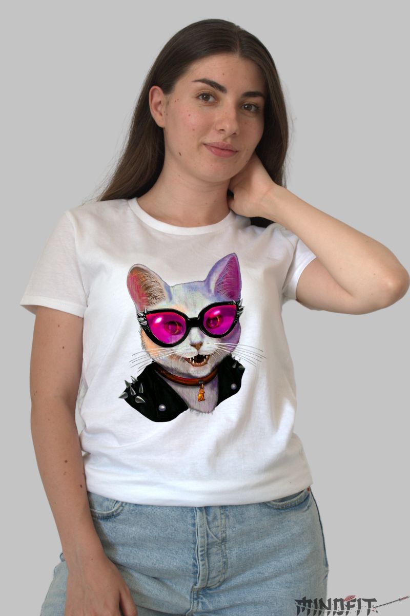 Tricou cu Pisica Rock and Roll dama alb fata