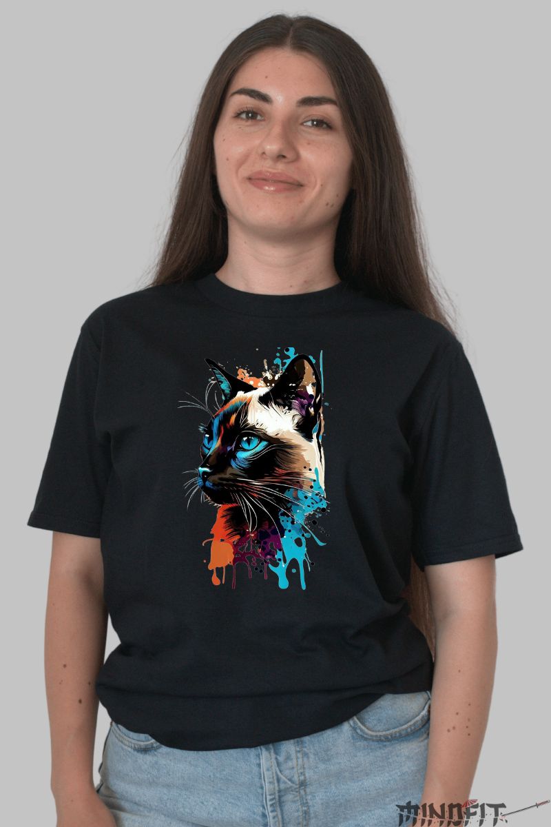 Tricou cu Pisica Siameza dama negru fata