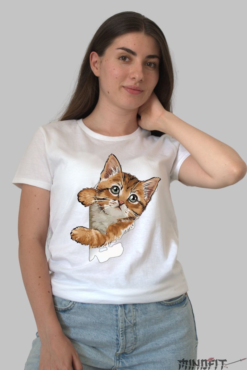 Tricou cu Pisica Simpatica Portocalie dama alb fata