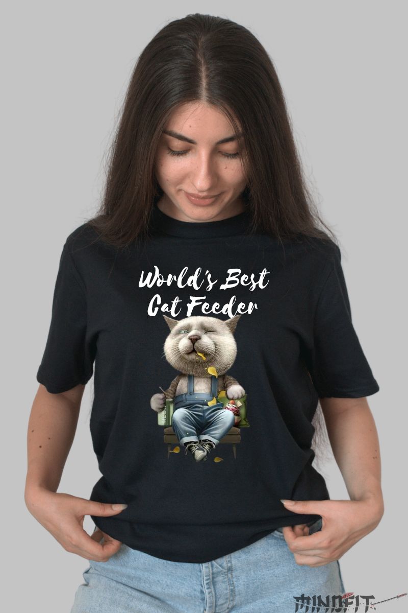 Tricou cu Pisica "World's Best Cat Feeder" dama negru fata