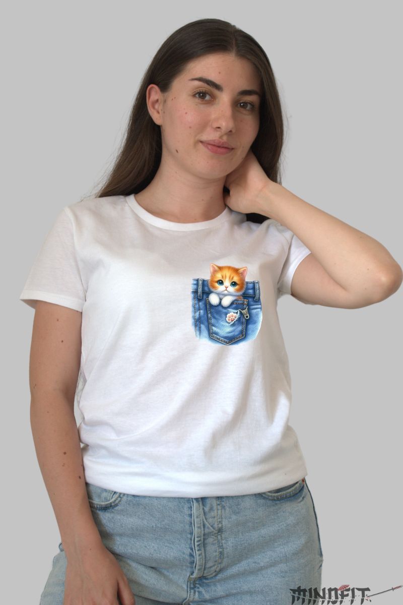 Tricou cu Pisica in Buzunar de Jens dama alb fata 1