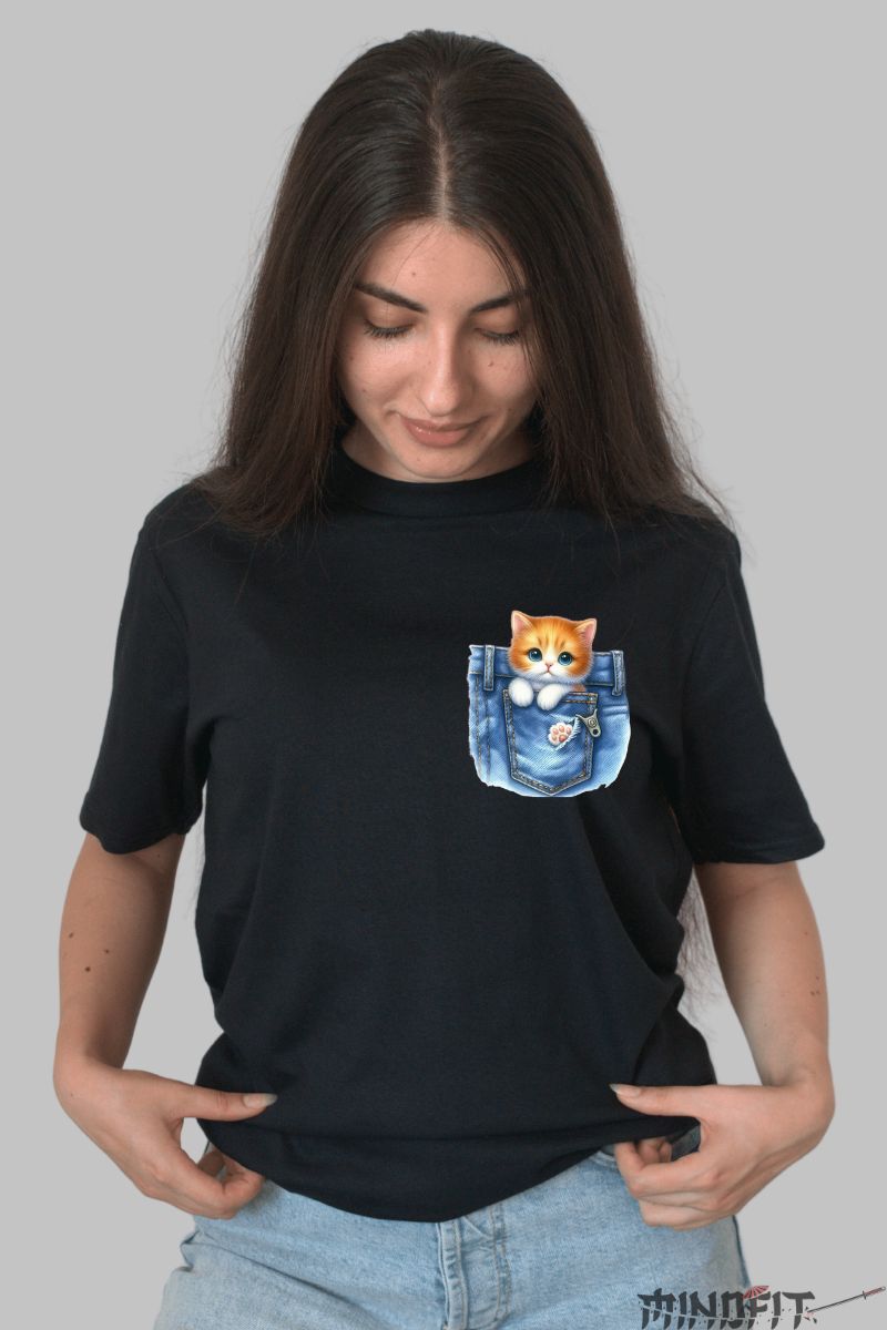Tricou cu Pisica in Buzunar de Jens dama negru fata 1