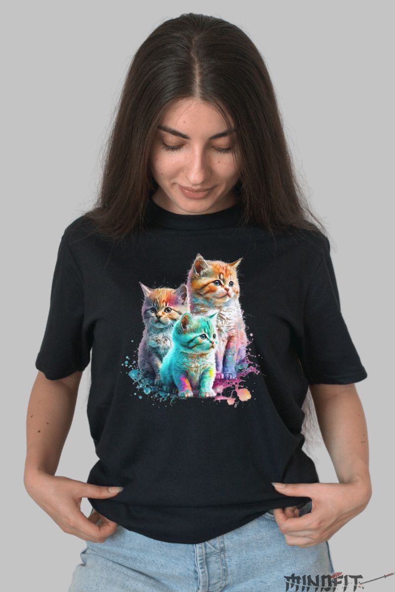 Tricou cu Pisici 3D Multicolore dama negru fata