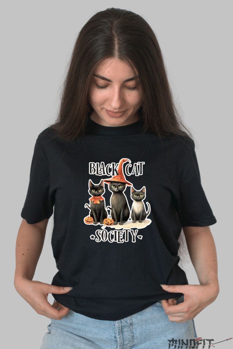 Tricou cu Pisici Dama "Black Cat Society" dama negru fata