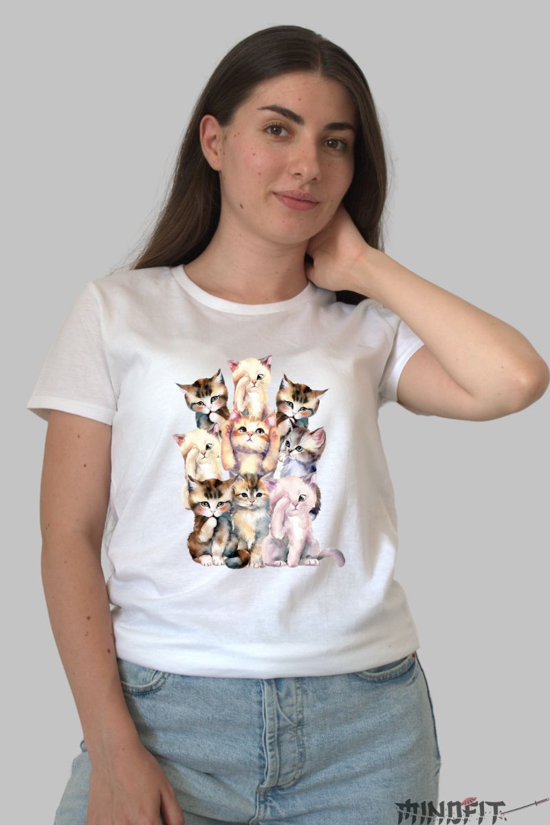 Tricou cu Pisici Piramida dama alb fata