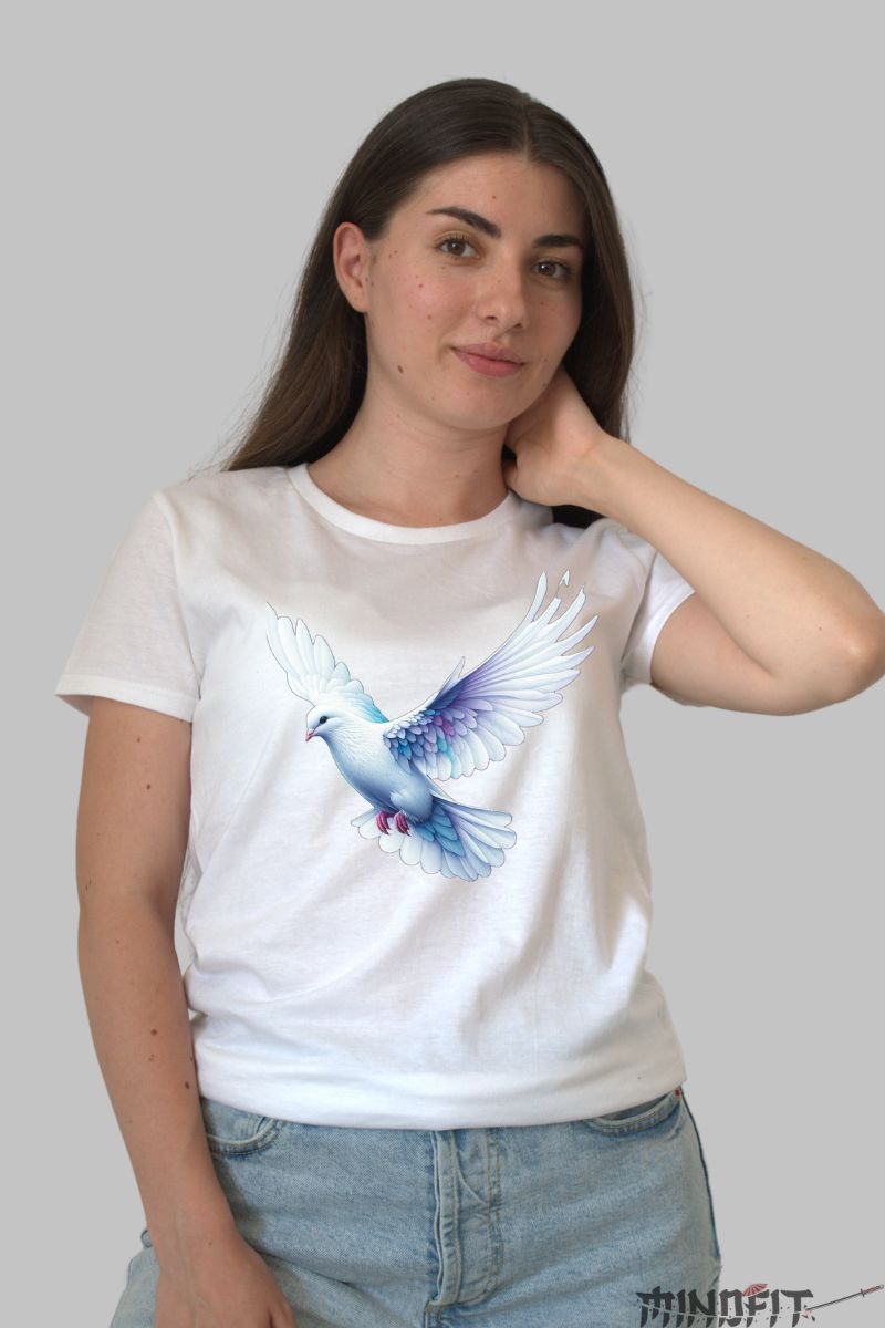 Tricou cu Porumbel Gratios dama alb fata