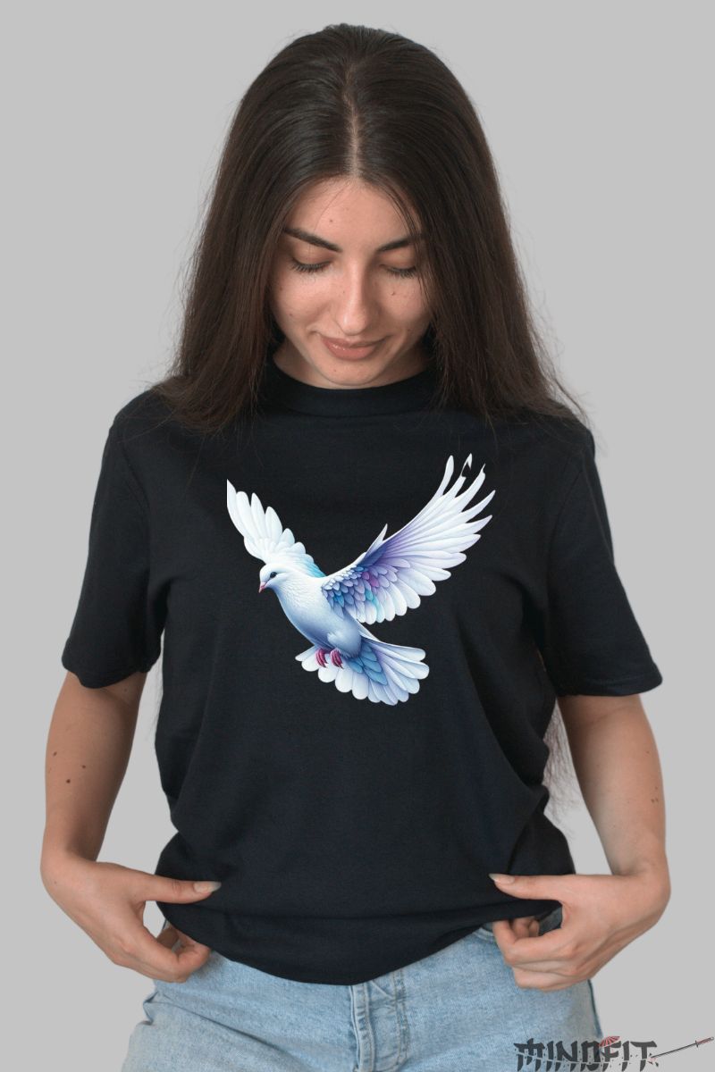 Tricou cu Porumbel Gratios dama negru fata