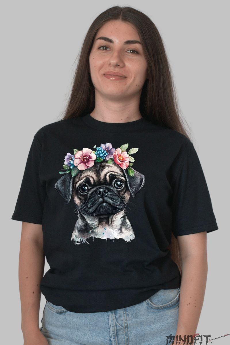 Tricou cu Pug & Flowers dama negru fata