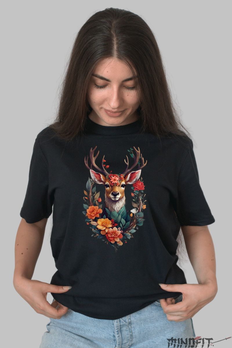 Tricou cu Ren Floral dama negru fata