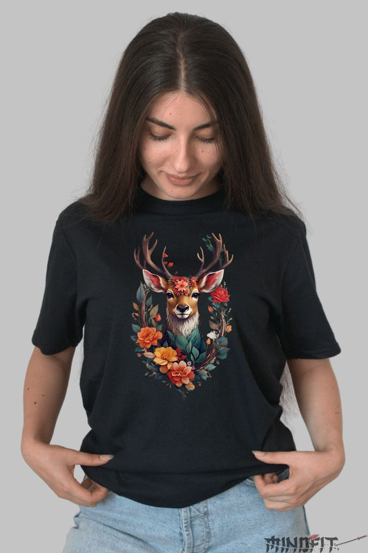 Tricou cu Ren Floral dama negru fata
