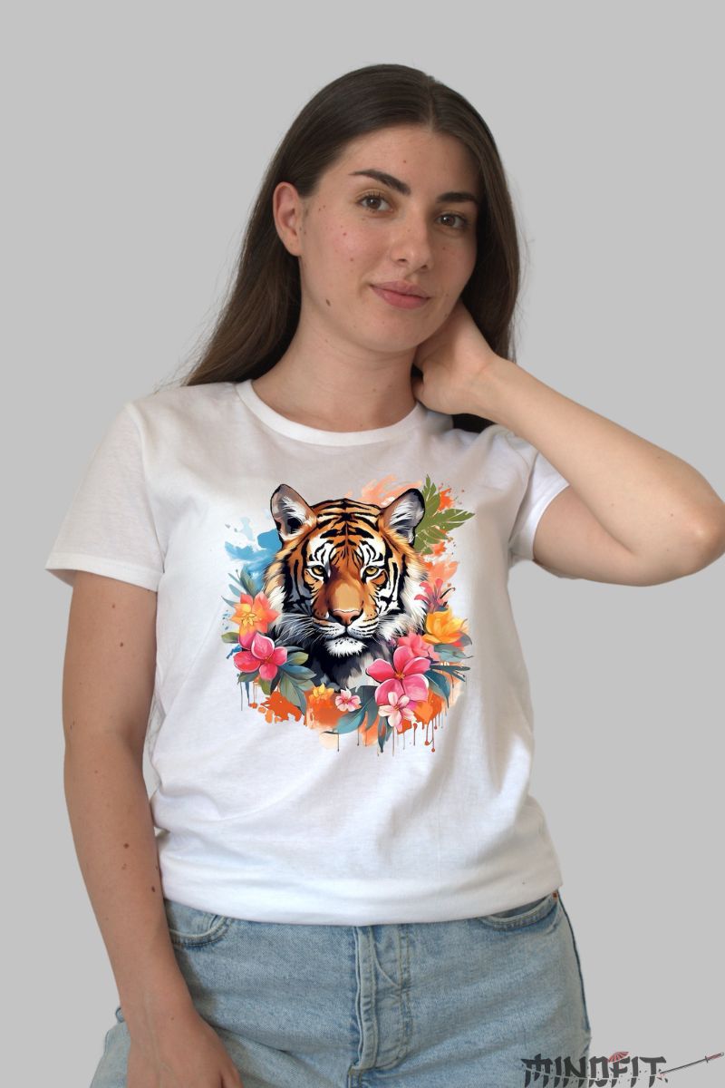 Tricou cu Tigru Viu Colorat dama alb fata