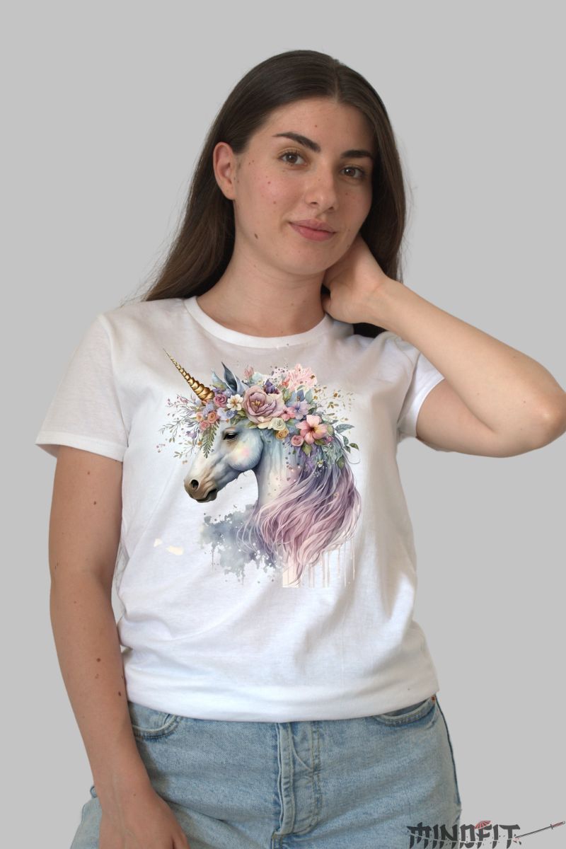 Tricou cu Unicorn Fantasy dama alb fata