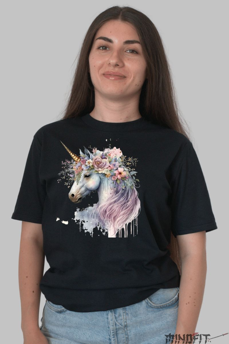 Tricou cu Unicorn Fantasy dama negru fata