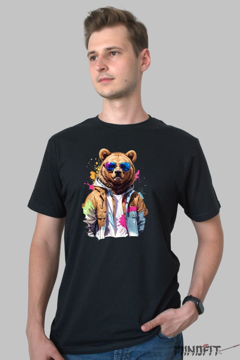 Tricou cu Urs Cool barbat negru fata