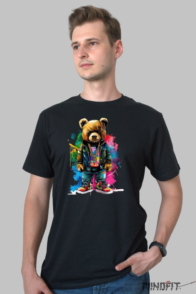 Tricou cu Urs Viu Colorat barbat negru fata