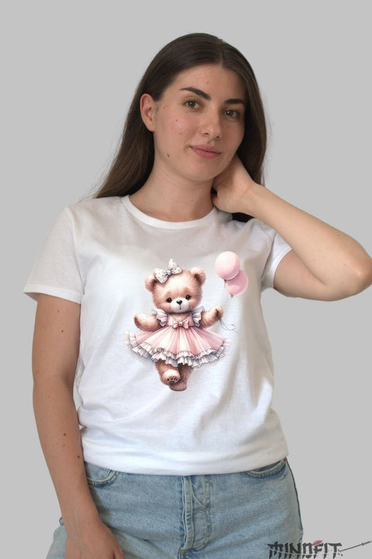 Tricou cu Ursulet Roz dama alb fata