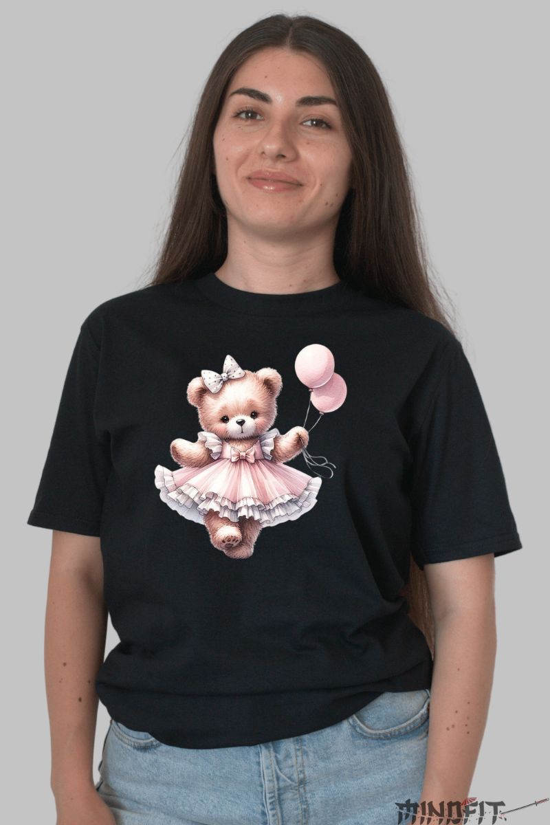 Tricou cu Ursulet Roz dama negru fata