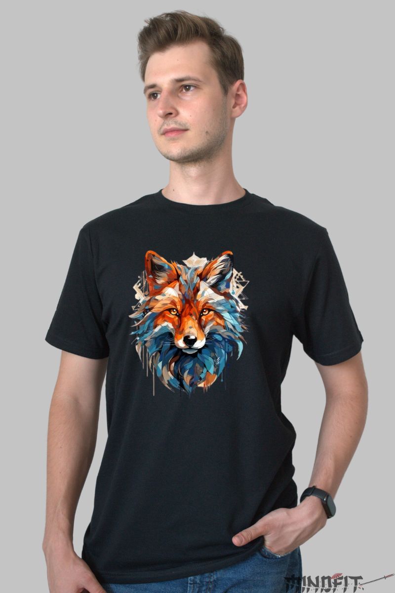 Tricou cu Vulpe Magica barbat negru fata