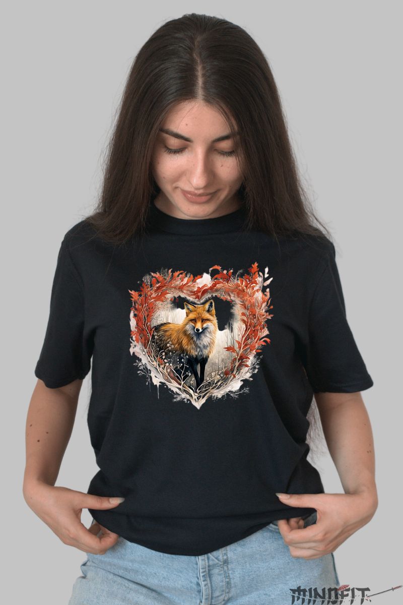 Tricou cu Vulpe Singuratica dama negru fata