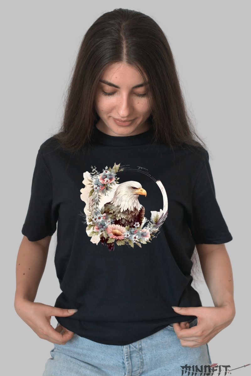 Tricou cu Vultur si Flori dama negru fata