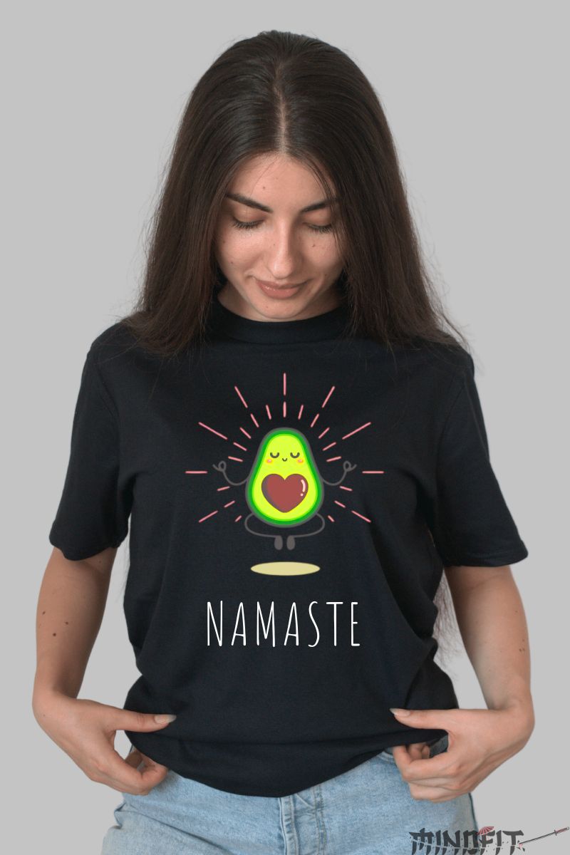 Tricou cu avocado Namaste dama negru fata