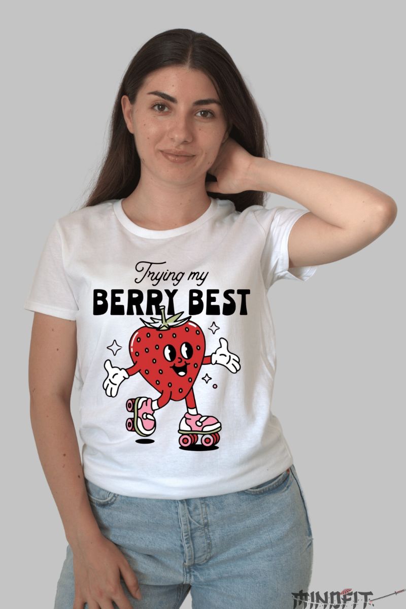 Tricou cu capsuni Berry Best dama alb fata