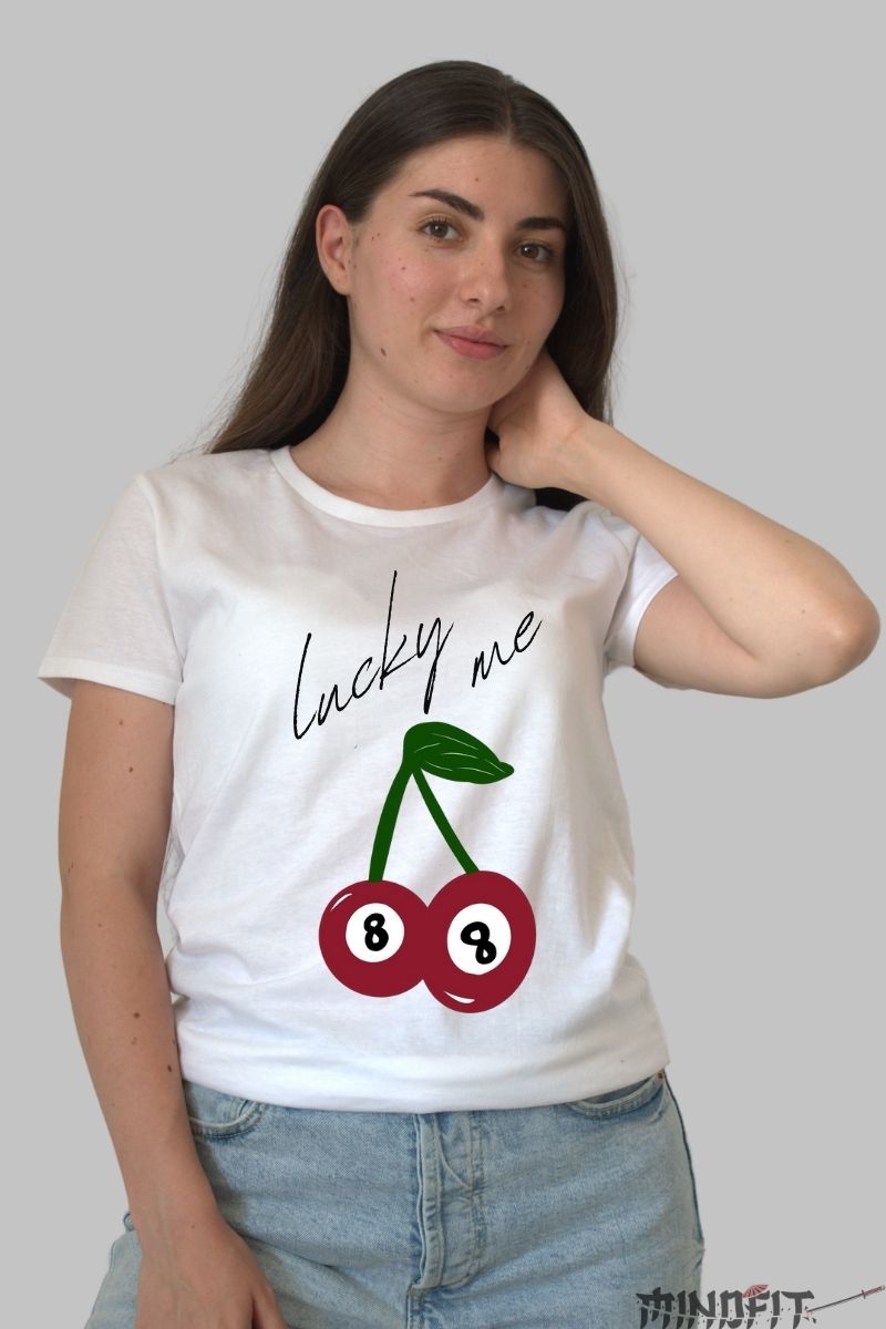 Tricou cu cirese Lucky me dama alb fata