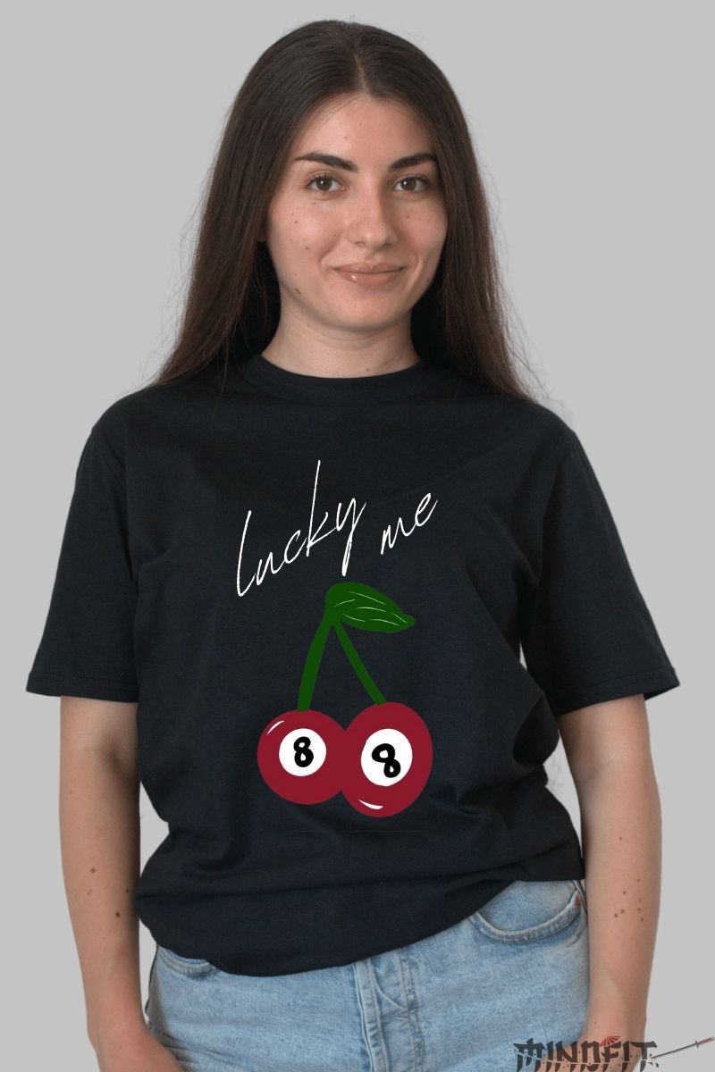 Tricou cu cirese Lucky me dama negru fata