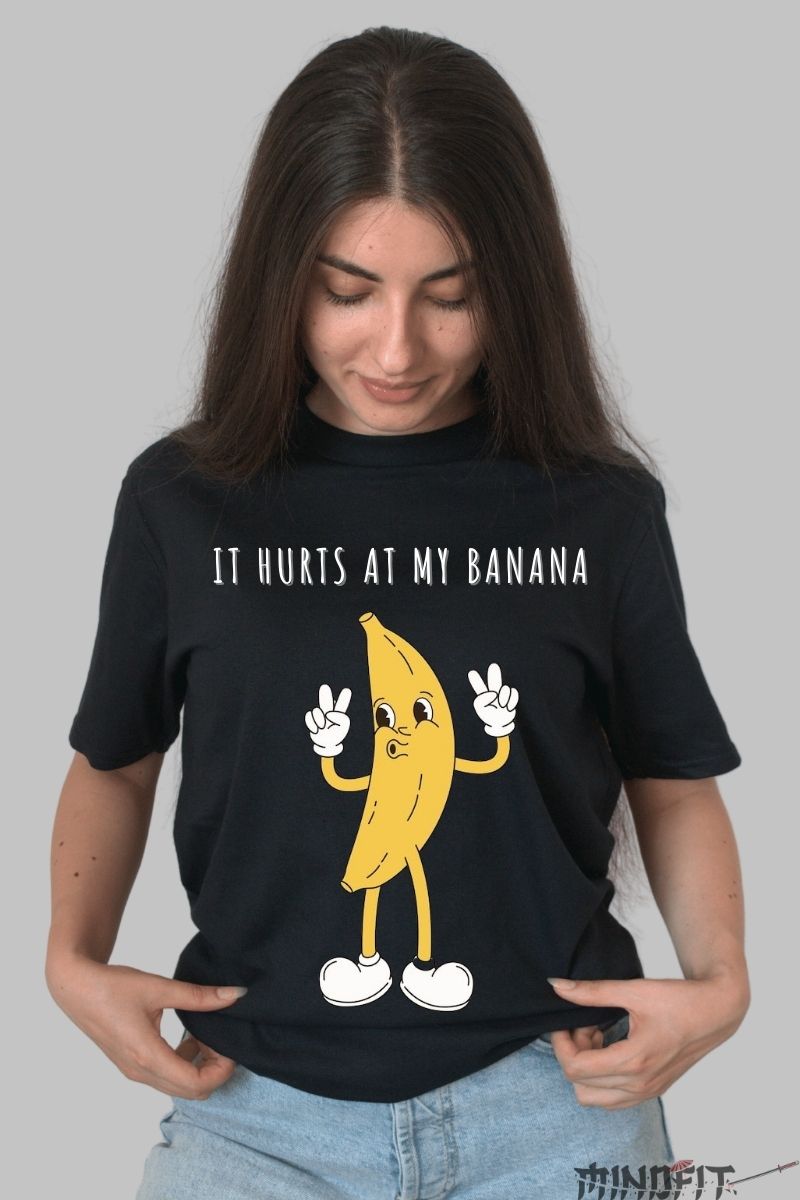Tricou cu fructe It hurts at my Banana dama negru fata